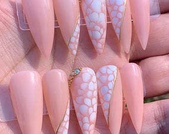 Blushing Petals Press-On Nail Set | Soft Peachy Pink with White Bloom Abstract Design | Gold Chrome Line Detail | Gem Accents | Reusable