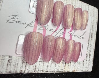 Blushing Glow Cat Eye Press-On Nail Set | Dusty Pink/Beige Cat Eye | Golden Magnetic Shimmer | Stripes | Handmade Luxury Reusable Nails