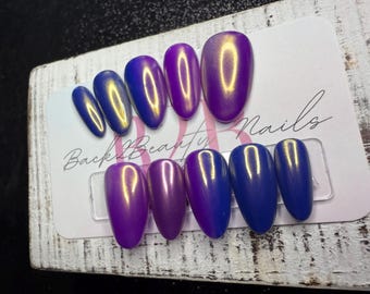 Aurora Glow Press-On Nail Set | Purple-to-Blue Gradient Ombré | Peach-Gold Chrome Finish | Handmade Luxury Press Ons | Reusable Press Ons