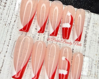 Weihnachten Press On Nails: Rote & weiße Nikolausmütze Frenchies