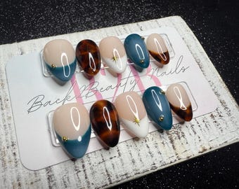 Teal Tortoise Elegance Press-On Nail Set | Hand-Painted Blue Teal Ombré | Tortoise Shell | Nude Base | Gold  Accents | Luxury Reusable Nails