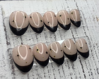 Black French Tip Press On Nails: Gold Star Accent, Elegant Luxe Reusable Nails