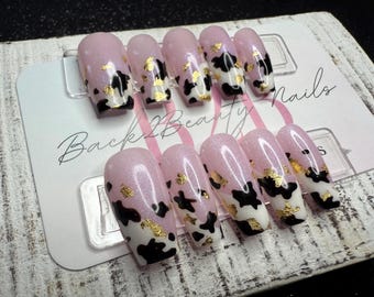 Golden Moo Press-On Nail Set | Shimmer Pink Base with Hand-Painted Cow Print | Gold Foil Accents | Gloss Finish | Luxury Reusable Nails