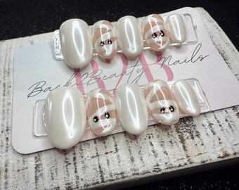 Mummy Glow Press-On Nail Set | White Chrome Nails | Nude Base with Hand-Painted Mummy Design | Handmade Luxury Reusable Nails