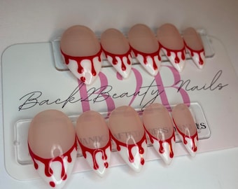 Bloedige Franse nagels/herbruikbare nepnagels/handgemaakte Halloween-nagels/Spooky French Tip-nagels/minimalistische Halloween-nagels/Vampire Press Ons