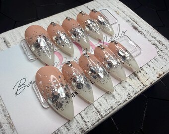 Silver Stardust Ombré Press-On Nails | Nude to Milky White Ombré | Silver Chunky Glitter & Crystal Accents | Handmade Luxury Reusable Nails