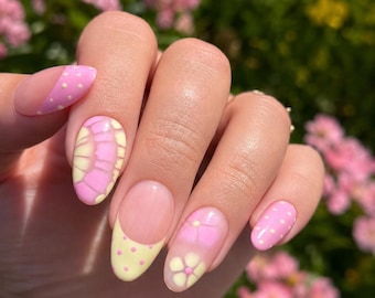 Strawberry Butter Mix & Match Press-On Nail Set | Soft Pink and Butter Yellow | Hand-Painted Florals, Polka Dots and Abstract Accent Art