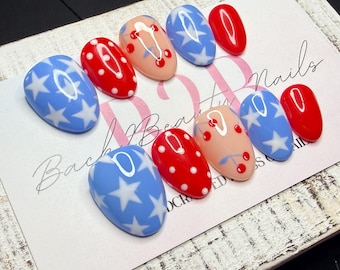 Americana Cherry Press-On Nail Set | Red, White & Blue | Patriotic 4th of July Nails |  Handmade Luxury Reusable Nails