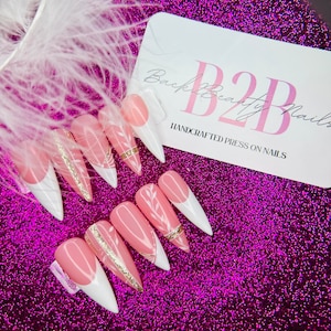 Elegant Pink and White Nails/ Reusable Fake Nails/ Handmade Floral French Nails with Champagne Glitter Accents/ Wedding Nails Press on Nails
