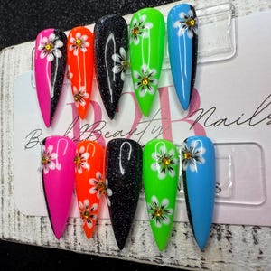 Neon Daisy Press-On Nail Set | Handcrafted Neon and French Tip | Hand-Painted Florals and Rhinestone Accents | Reusable Luxury Nails