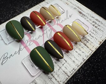 Golden Grove Press-On Nail Set | Forest Green, Dark Brown, Brick Orange, Nude & Cream | Gold Metallic Stripe Accent | Matte Finish