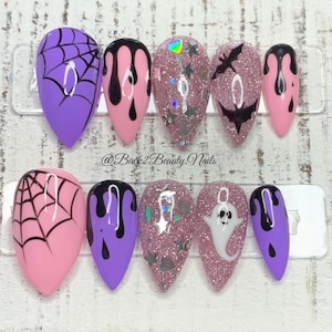 Pink and Purple Halloween Nails/ Handmade Reusable Press on Nails/ Cute and Spooky Nails