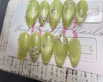 Liquid Apple Press-On Nail Set | Metallic Apple Green Cat Eye | Sculpted Silver Chrome Accents | Handmade Luxury Reusable Nails
