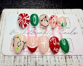 Christmas Cheer Press-On Nail Set| Holiday Lights, Santa Suit, Snowflakes, Candy Cane Swirls, Holly Berries & Glitter Green | Handmade Nails
