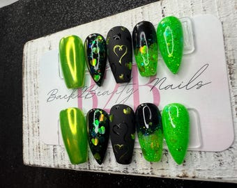 Neon Heartbreaker Valentine Press-On Nail Set | Neon Green, Black | Heart Accents & Glitter Details | Gloss Finish | Handmade Reusable Nails