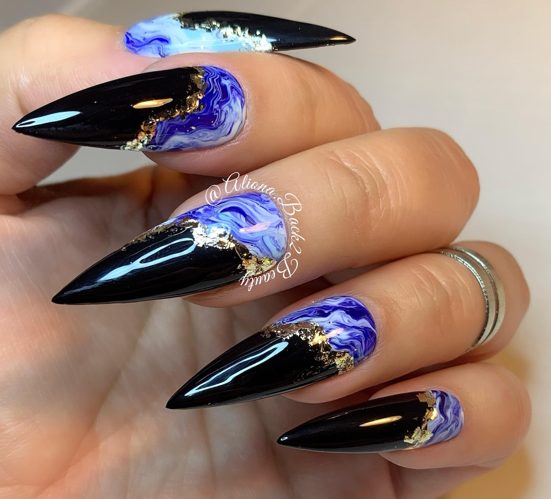 Buy Elegant Black and Blue Marble Nails With Gold Silver Accents/ Glue on  Nails/ Fake Nails/ Handmade Press on Set Online in India