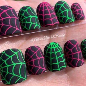 Neon Spider Web Nails, Halloween Nails, Handcrafted Pink and Green Spider Web Nails, Reusable Halloween Press on Nails, Fall Press on Nails