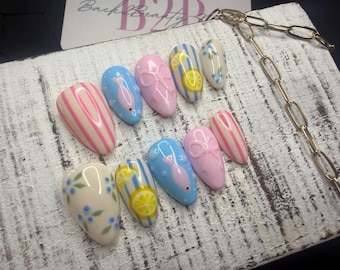 Coastal Picnic Mix n Match Press-On Nail Set | Pastel Blue, Pink | Fish, Lemons & Florals | 3D Bow Accents | Handmade Luxury Reusable Nails