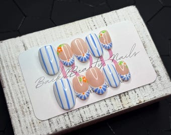 Mediterranean Citrus Press-On Nail Set | Blue and White Stripes | Hand-Painted Floral & Citrus Details | Handmade Luxury Reusable Nails