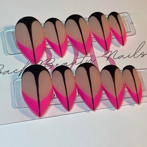 Hot Pink and Black Abstract Nails, Unique French  Press on Nails, Reusable Press on Nails, Handmade Nails, Fake Nails, Glue on Nails