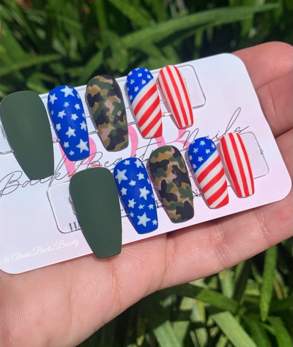 Flag and Camo Press on Nails/ Handpainted Patriotic Nails/ 4th of July Nails
