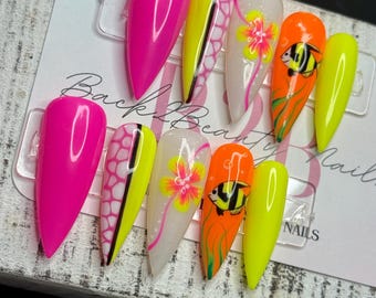 Neon Pink, Yellow & Orange | Hand-Painted Tropical Fish, Hibiscus and Coral Design | Gloss Finish | Handmade Luxury Reusable Nails