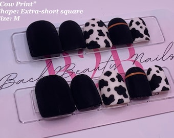 Cow Print Nails - Extra-short square Size M/ Ready to Ship Press on Nails/ Handcrafted Press on Nails/ Standard size M