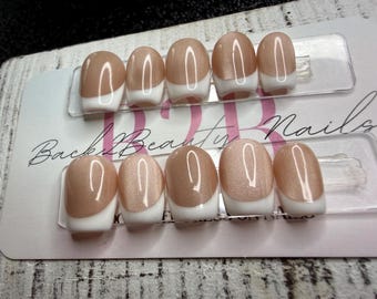 Champagne French Press-On Nail Set  Champagne Nude Cat Eye | Classic White French Tips | Gloss Finish | Handmade Reusable Press-On Nails