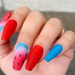 Red White and Blue Ombre Watermelon Nails/ Handmade Summer Press on Nails