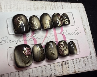 Midnight Rose Press-On Nail Set | Smoky Black & Gold Cat Eye | Metallic Rose Nail Art | Moody Floral Nails | Handmade Luxury Reusable Nails