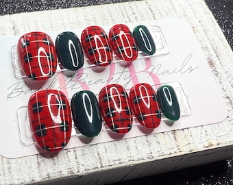 Holiday Plaid Press-On Nail Set | Classic Red Tartan Plaid & Deep Evergreen | Hand-Painted | Gloss Finish | Handmade Luxury Reusable Nails