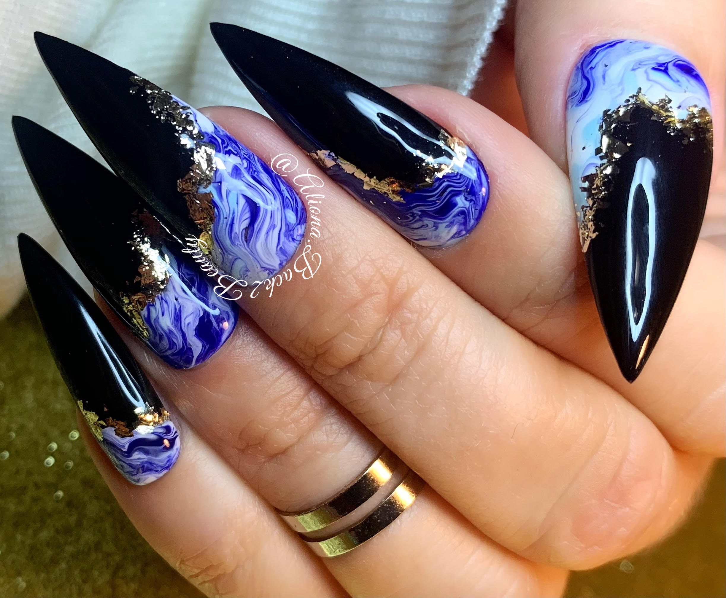 Elegant Black and Blue Marble Nails With Gold & Silver - Etsy