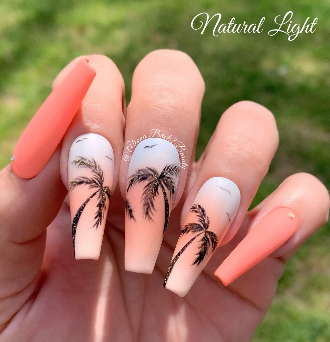 Palm Trees Press on Nails/ Coral Summer Nails/ coral Etsy