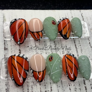 Monarch Butterfly Nails/ Butterfly Press on Nails/ Reusable Unique Press on Nails/ Limited quantity