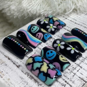 Hippie Black and Pastel Nails/ Handmade Summer Nails/ Fake Pastel Groovy Nails/ Colorful Abstract Rainbow Nails/ Reusable Press on Nails