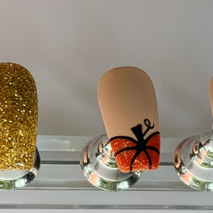 Reusable Glitter Pumpkins Press On Nails with Matte and Glossy Finish/ Fall Press On Nails/ Glue On Nails/ Fake Nails/ Long and Short Nails image 2