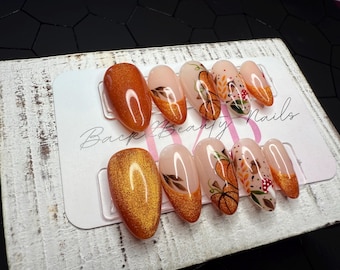 Golden Harvest Press-On Nail Set | Cat Eye Orange | Hand-Painted Pumpkins, Mushrooms & Fall Florals | Handmade Luxury Reusable Nails