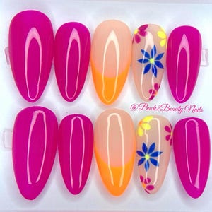 Fuchsia Floral Nails/ Handmade Reusable Press on Nails/ Pink and Orange Summer Nails