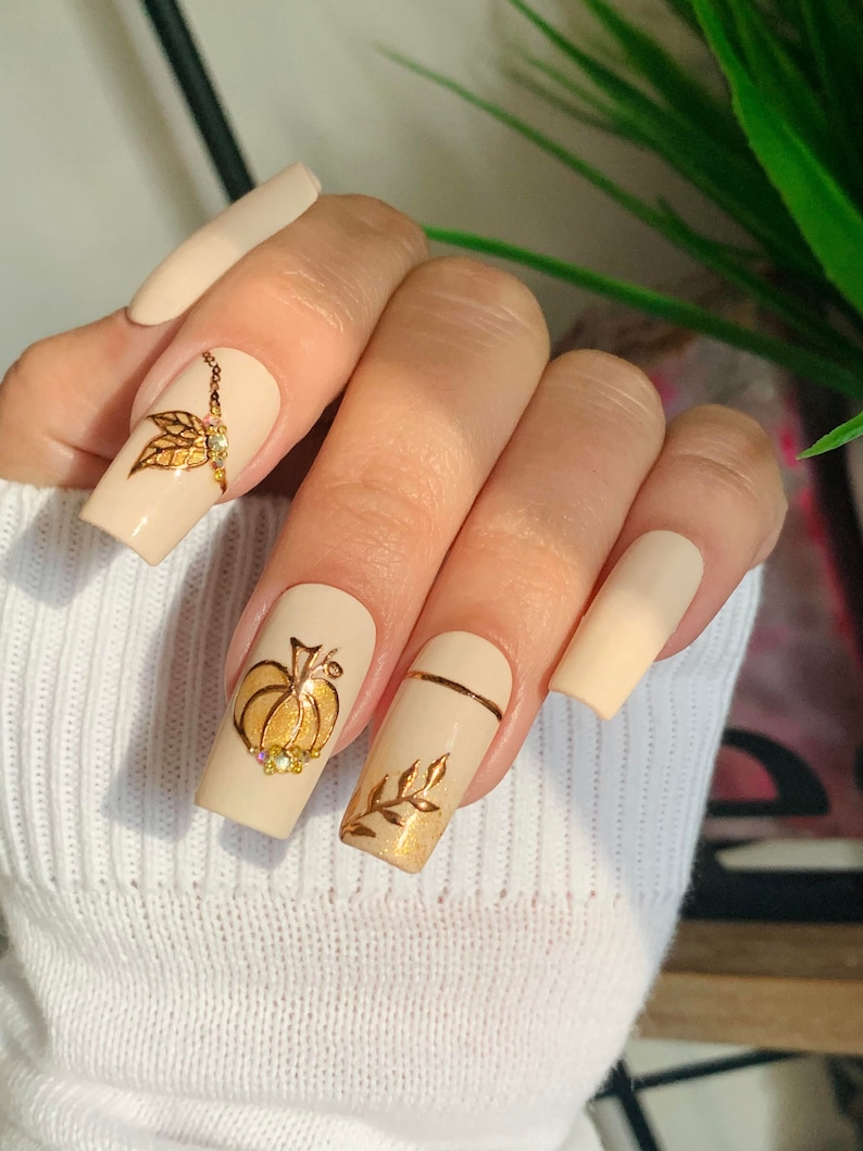 Elegant Fall Design/ Press On Nails with Glossy and Matte Finish/ Handpainted/ Thanksgiving Nails/ Glue On Nails/ Coffin/ Square/ Stiletto image 1