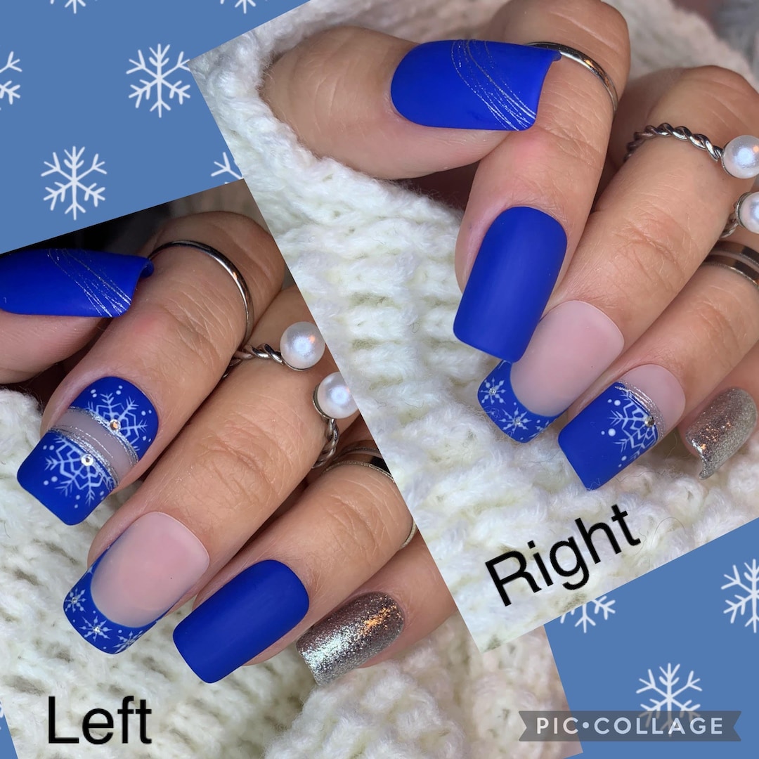 Elegant Blue and White Christmas Nails, Handcrafted Snowflakes Nails