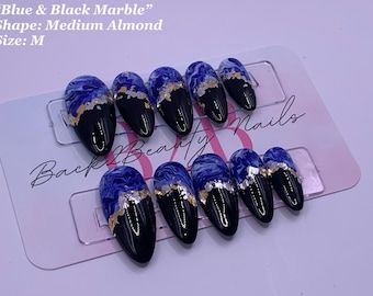 Blue and Black Marble Nails -  Ready to Ship Press on Nails/ Handcrafted Press on Nails/ Standard size M / Medium almond
