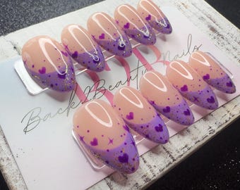 Amethyst Love Press-On Nail Set | Sheer Nude Base with Purple French Tips | Heart Accents | Gold Flecks | Handmade Valentine's Day Nails