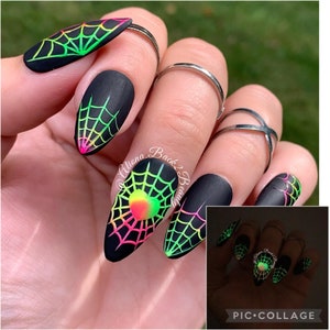 Handpainted Neon Spider Webs Nails/ Matte black nails/Glow in the dark spider webs nails/ Halloween press on nails