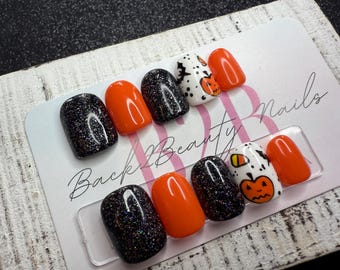 Jack-O’-Lantern Nights Press-On Nail Set | Orange and Black Glitter | Minimalist Hand-Painted Halloween Accents | Handmade Luxury | Reusable