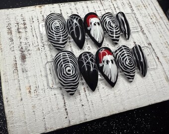 Nightmare Noel Press-On Nail Set | Black & White Spiral and Web | Hand-Painted Santa Ghost Accent | Gloss Finish | Handmade Reusable Nails