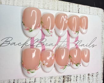 Blushing Blossom Press-On Nail Set | Soft Pink Floral French Tips | Hand-Painted Flowers | Gold Accents | Handmade Luxury Reusable Nails