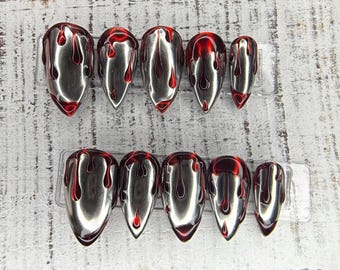 Bloodlust Chrome Halloween Press-On Nail Set | Mirror Silver Chrome | 3D Textured Blood Drips | Vampy Red Accents | Handmade Luxury |