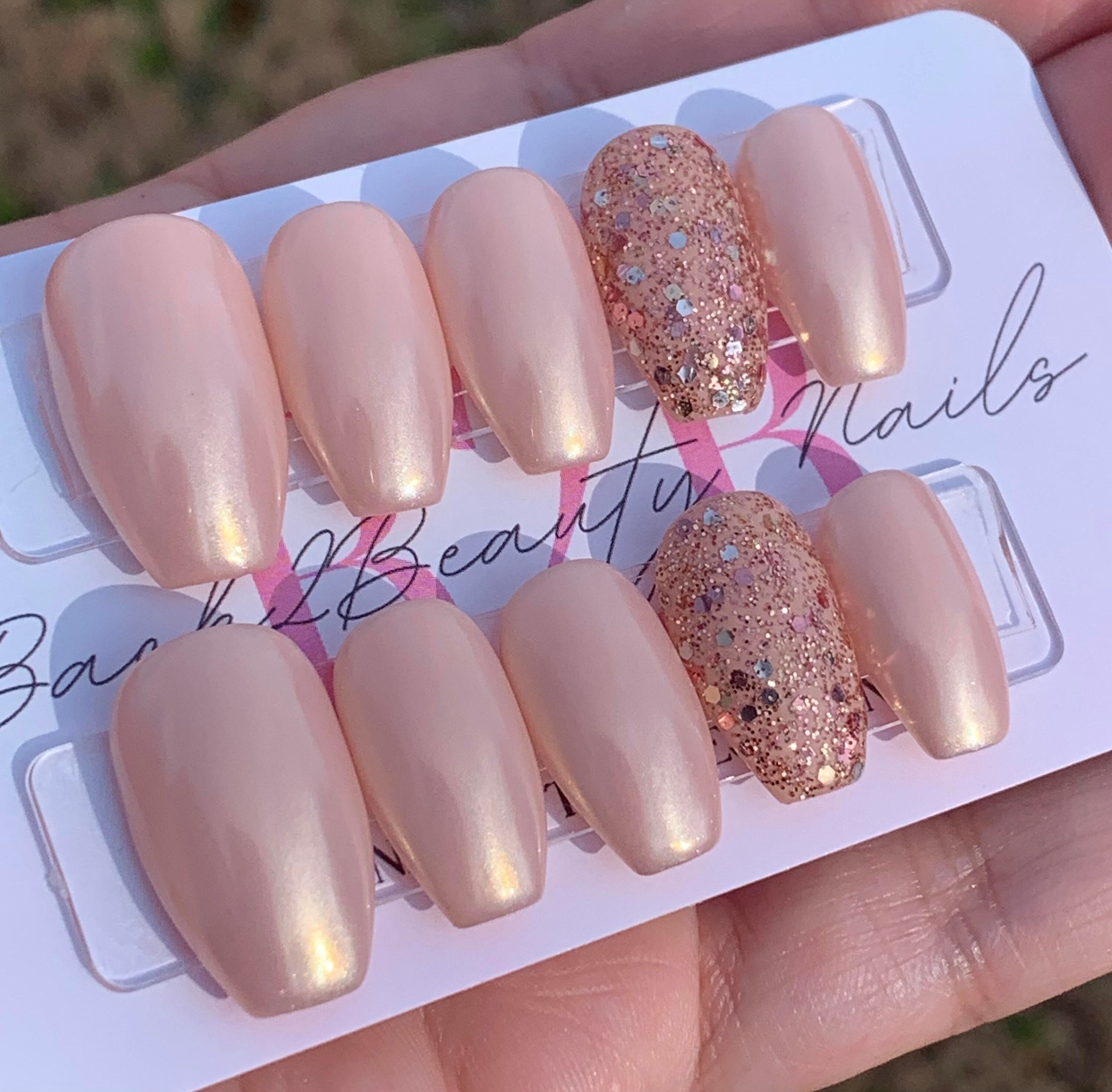 Soft Nude Champagne Press on Nails, Reusable Pearly Gold Winter Press on  Nails, Handmade Chrome and Glitter Christmas Nails, Glue on Nails - Etsy