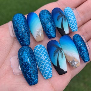 Ocean Escape Press-On Nail Set | Hand-Painted Beach Scene | Mermaid Scales | Glitter Accents | Reusable Luxury Nails | Custom Tropical Art
