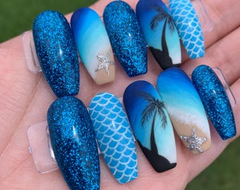 Ocean Escape Press-On Nail Set | Hand-Painted Beach Scene | Mermaid Scales | Glitter Accents | Reusable Luxury Nails | Custom Tropical Art